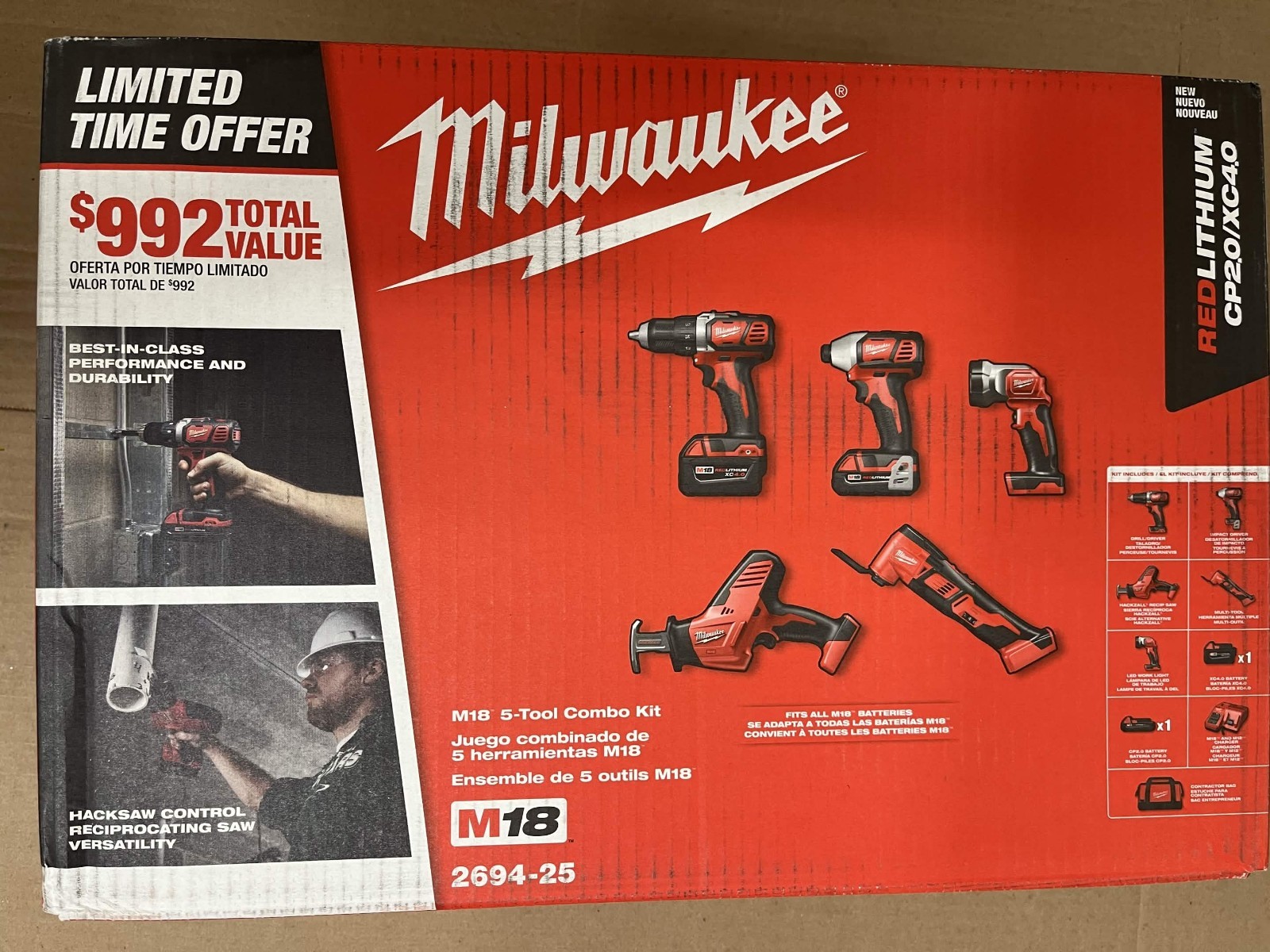 Milwaukee M18 2694-25 Cordless 5 Tool Combo Kit 2 Batteries & Charger