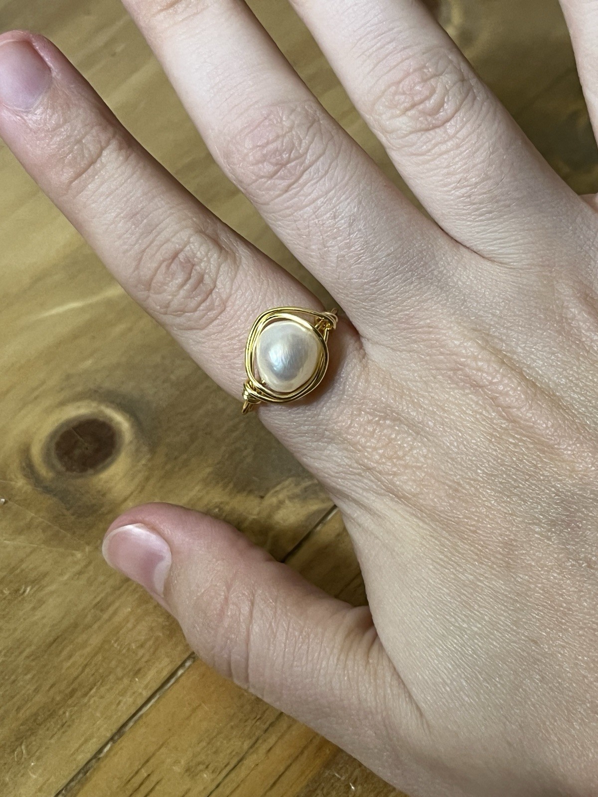 Genuine freshwater White Pearl Gold wire wrapped Ring size 7 handmade
