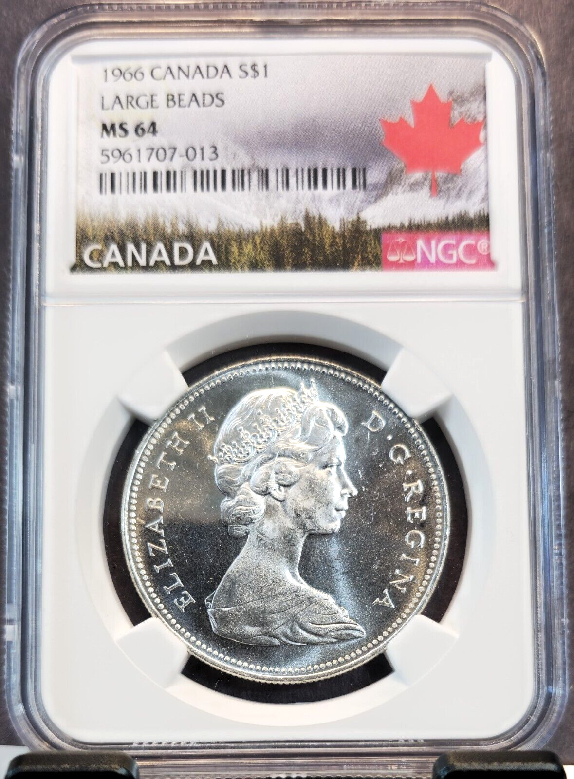 1966 CANADA SILVER 1 DOLLAR S$1 LARGE BEADS NGC MS 64 SCARCE BRIGHT BU COIN