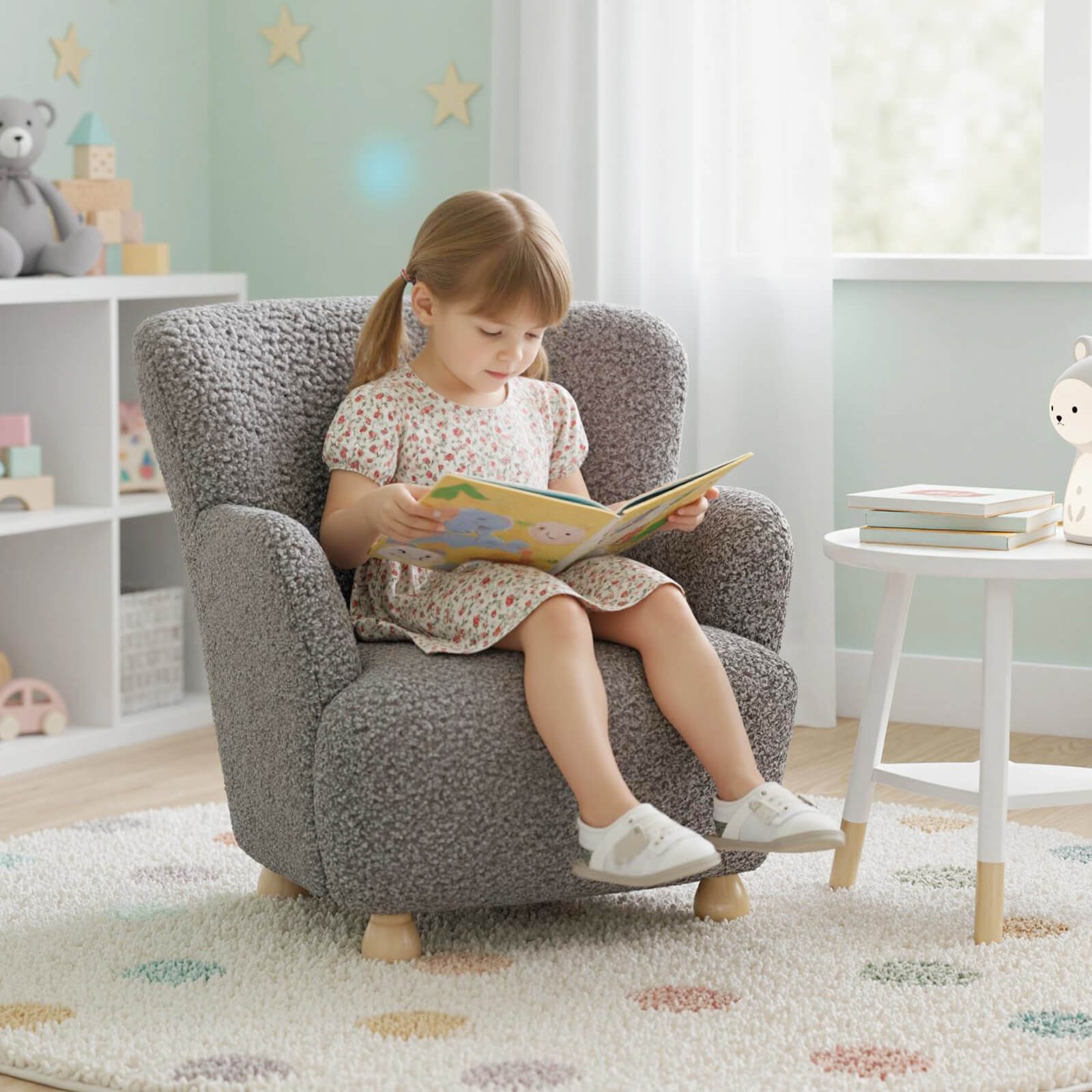 Sherpa Kids Sofa w/Solid Rubber Wood Legs for Boys & Girls Aged 3+ for Bedroom