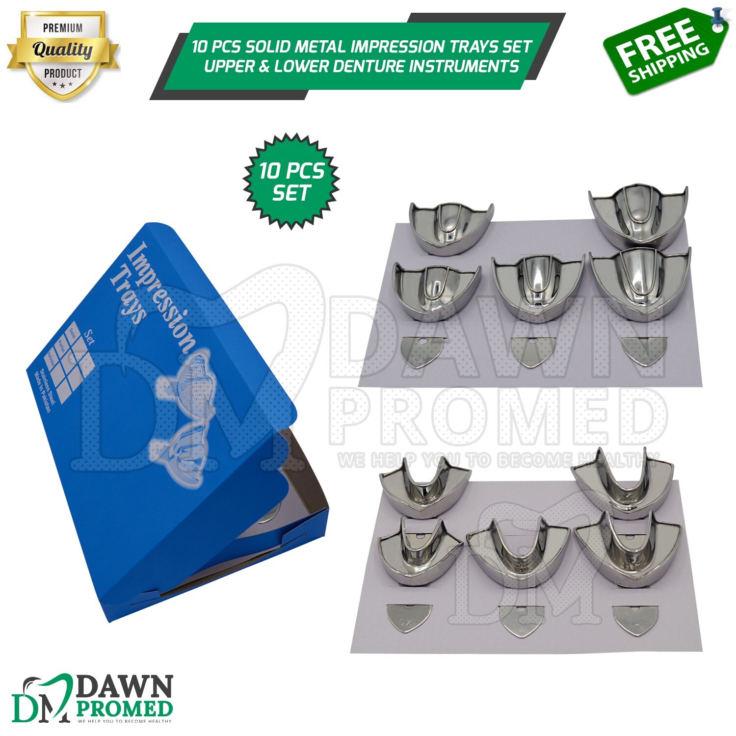 10 Pcs Solid Metal Dental Impression Trays set Upper & Lower Denture Instruments