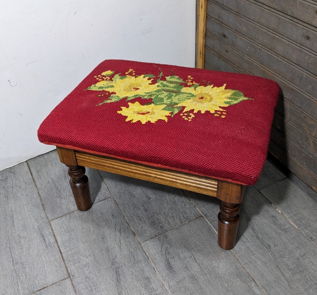 Vintage Red Needlepoint Footstool Ottoman Stool - Solid Wood - Victorian Floral