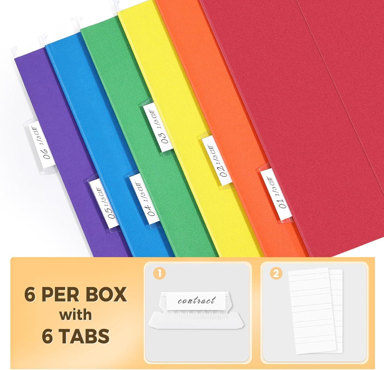 Letter Size Hanging File Folders 6 Pack W/ Tabs, Expandable, Assorted Colors