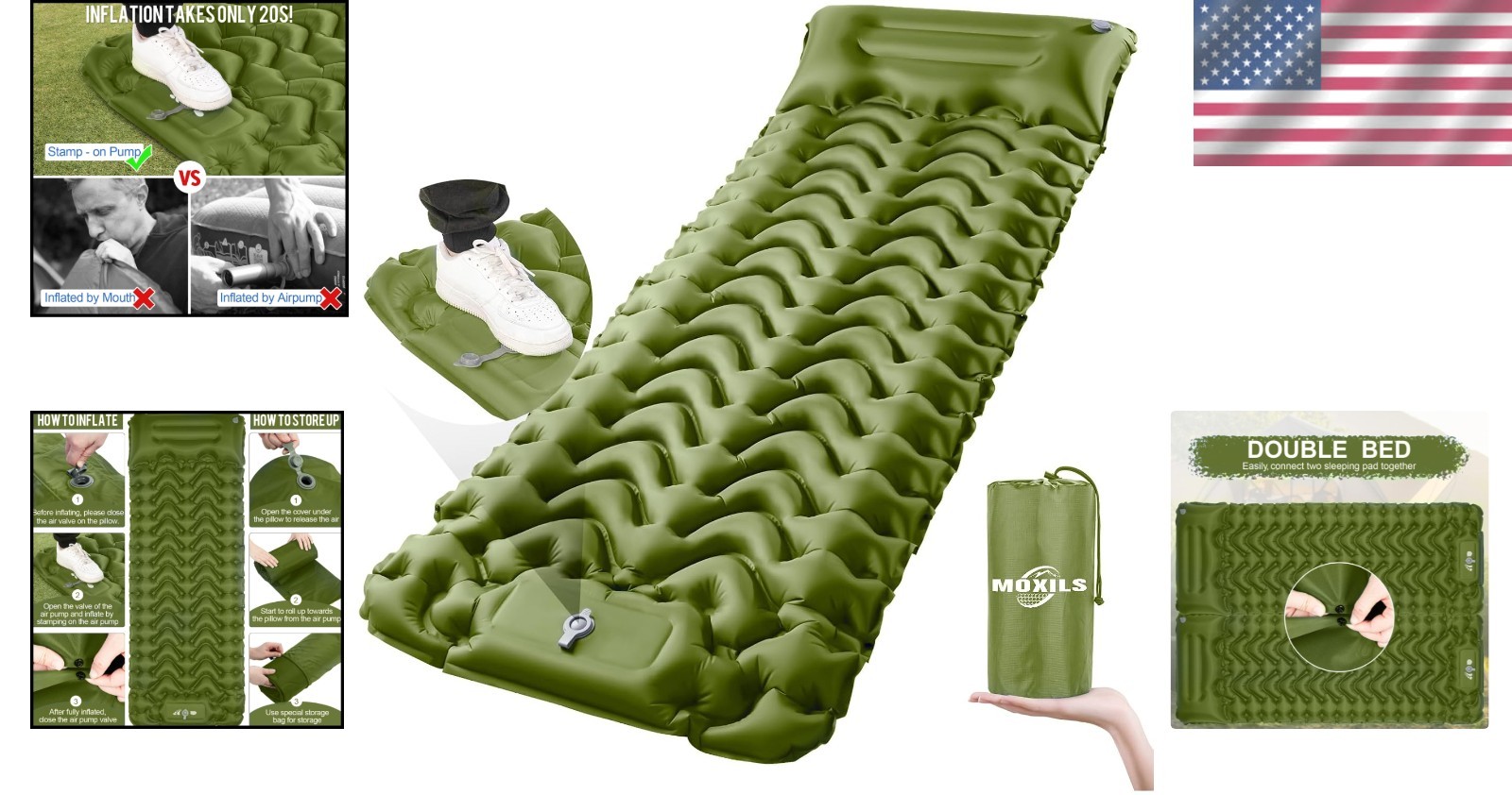 Ultralight Inflatable Sleeping Pad - Built-in Pump, Compact & Waterproof - Green