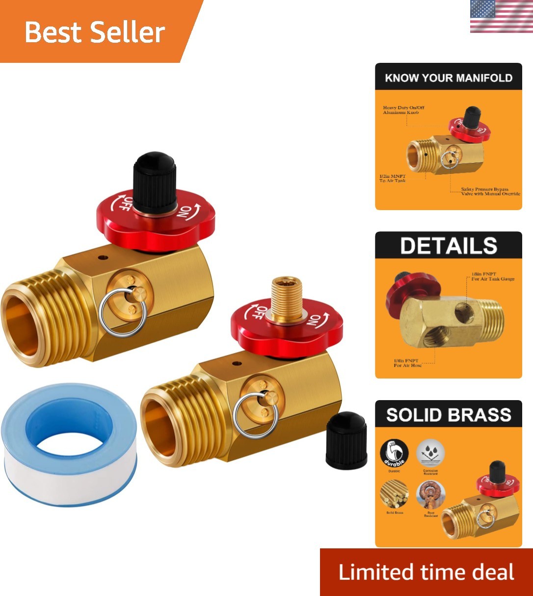 2 Pack Air Tank Manifold with Fill Port, Aluminum Knob,Safety Valve and Relief B