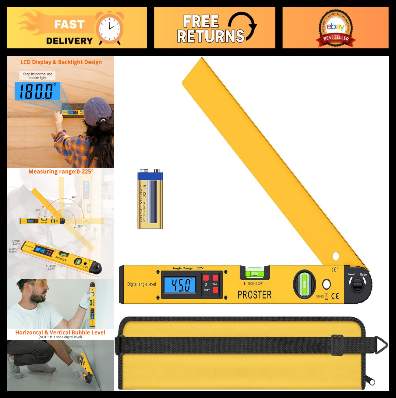 Digital Angle Finder Gauge 16" Aluminum Level with LCD & Magnetic Base for Woodw