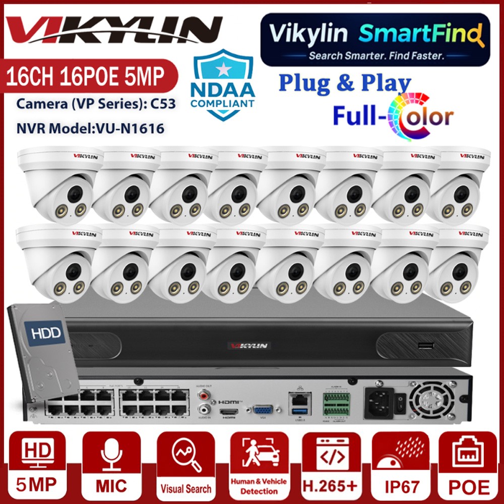 Vikylin SmartFind 16CH NVR 5MP PoE Security Camera System Color Night Vision Lot
