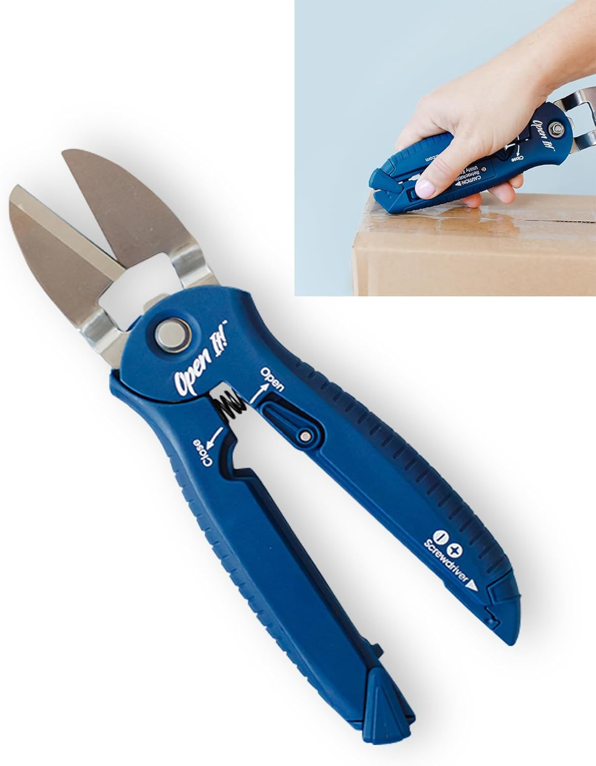 Open It! 4-In-1 Box Cutter & Package Opener Tool – Heavy Duty Scissors, Retracta