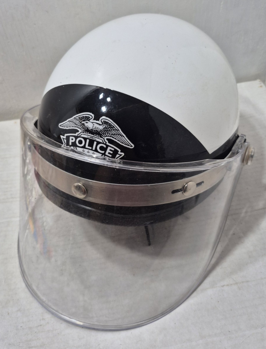 Vintage Police Motorcycle Helmet Open Face w/Visor Face Shield Black & White