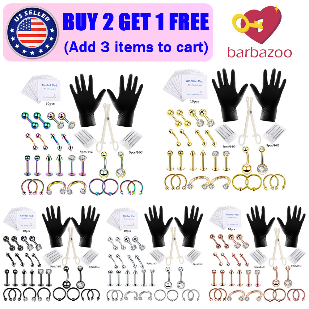 47PCS Body Piercing Kit Pro 316L Steel Navel Eyebrow Nose Ring Studs Needles Set
