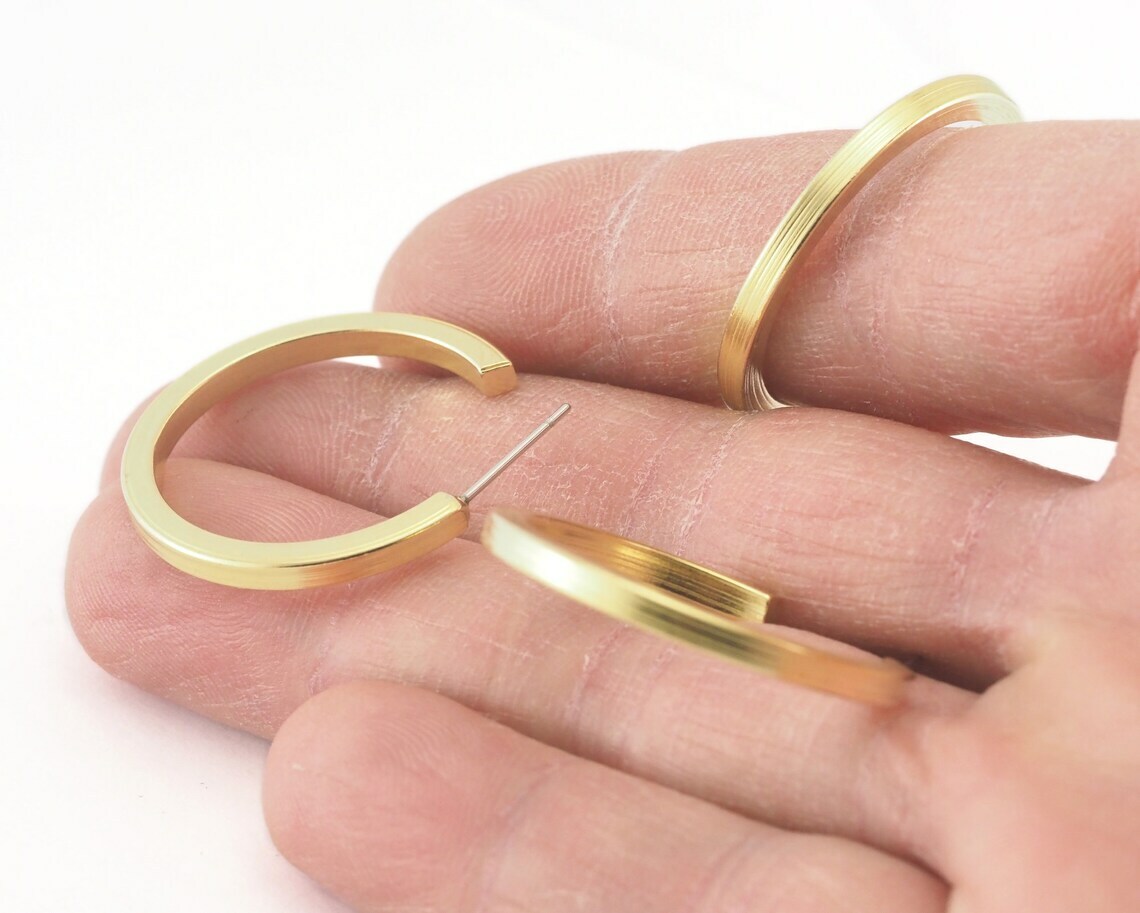 1 pair Hoop round earrings stud base raw brass round earring Posts, 35mm 4268