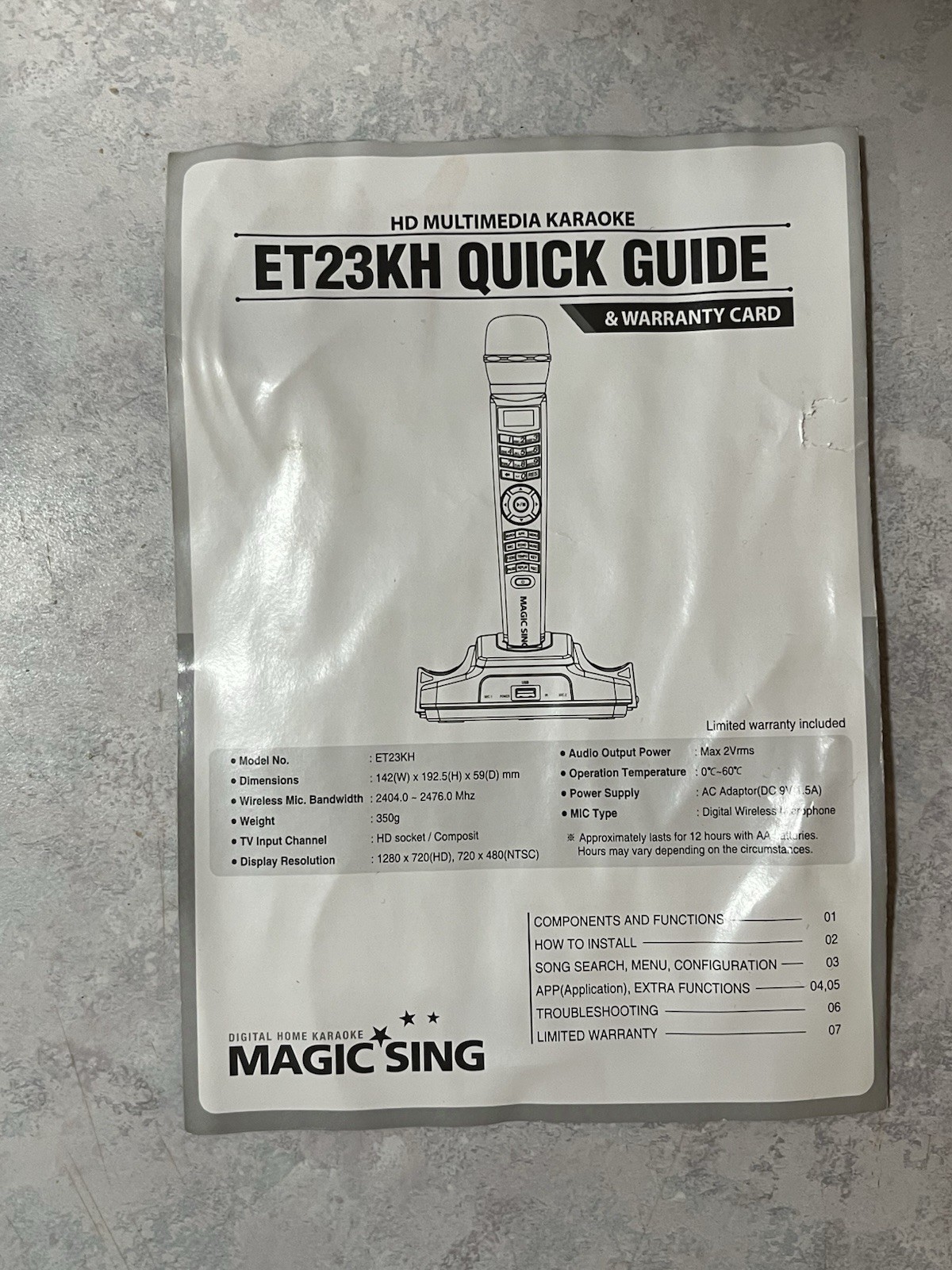 Magic Sing ET23KH Wireless Karaoke System, Missing 1 battery cover, No Cartridge