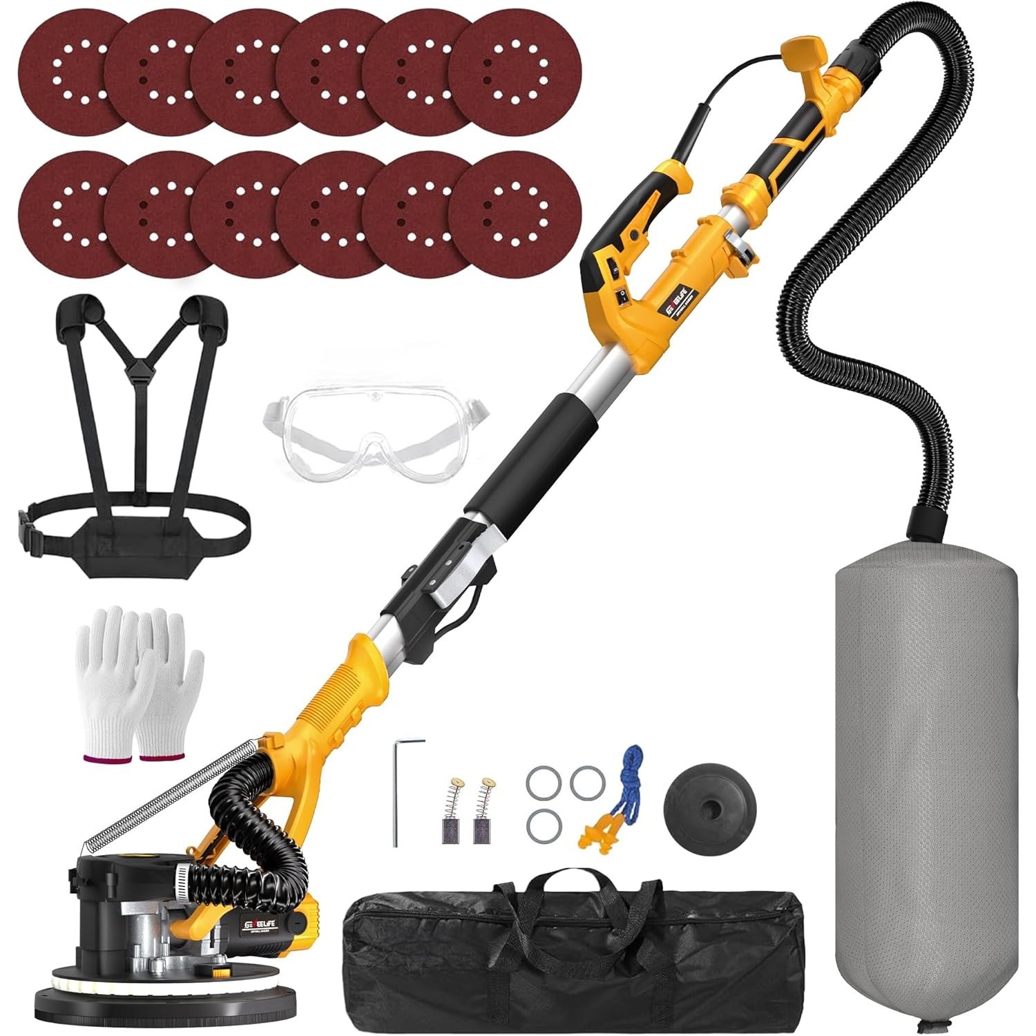 GEVEELIFE 880W Electric Drywall Sander Vacuum LED 5-Speed Foldable Extendable