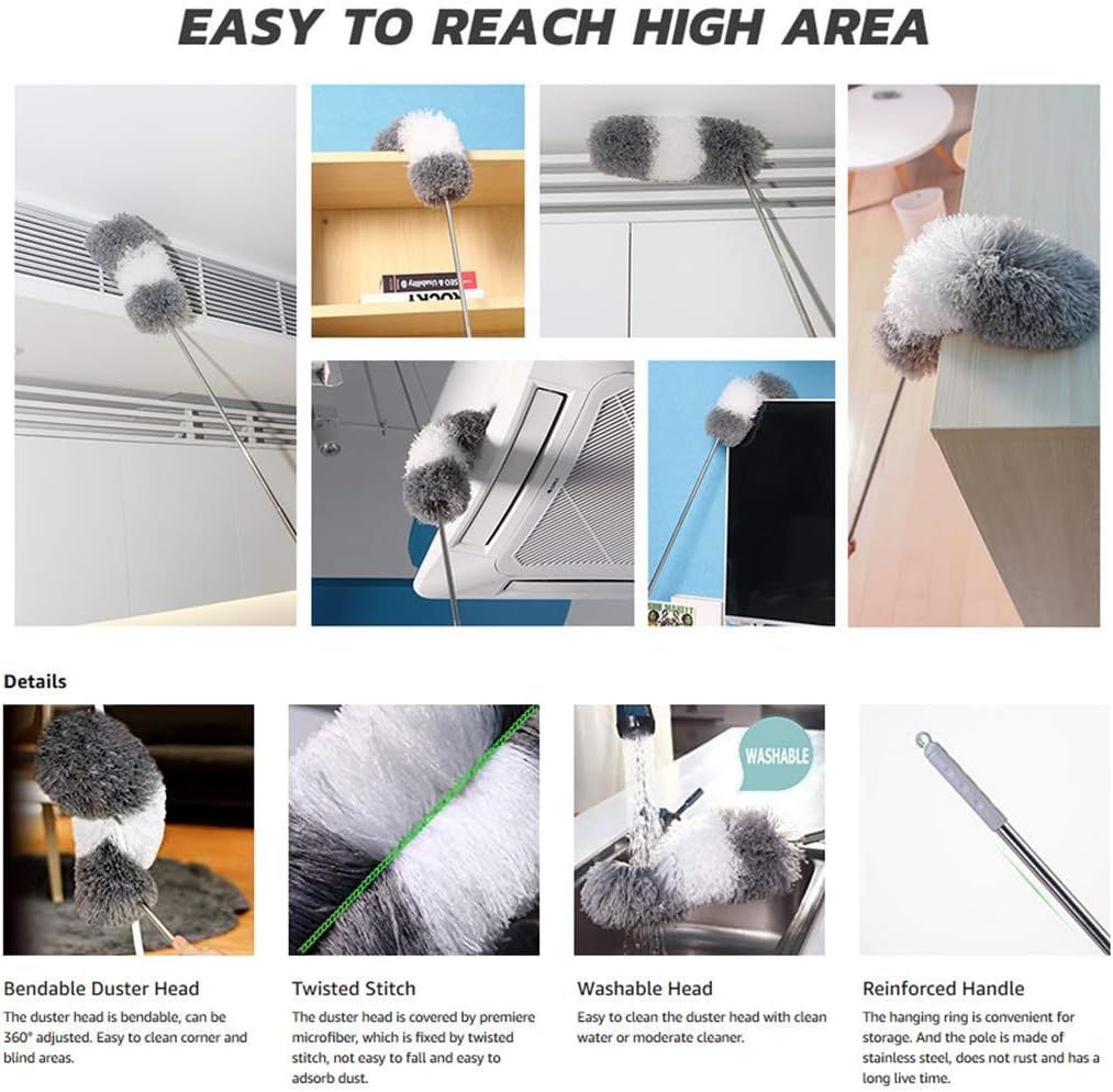 Microfiber Feather Duster with Extendable Pole Bendable Head Ceiling Cleaning