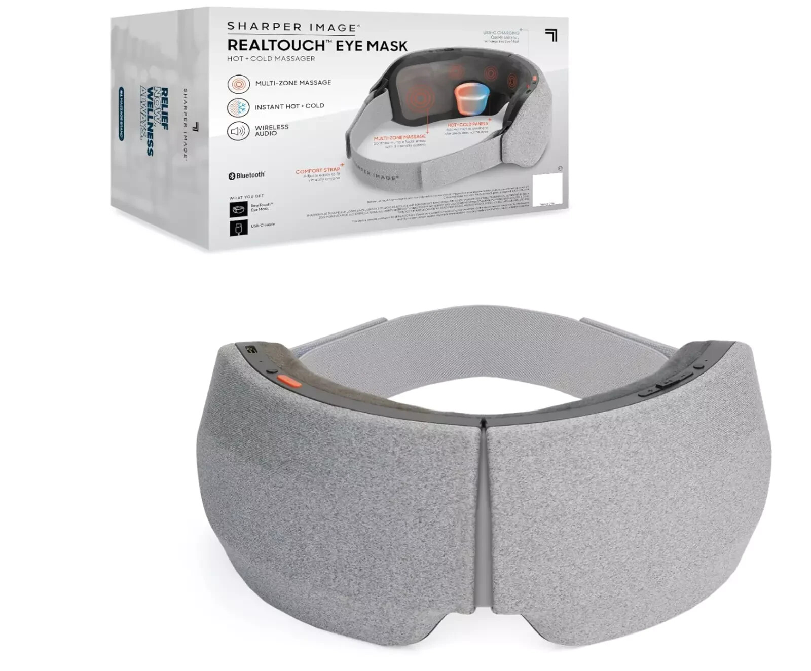 Sharper Image RealTouch Eye Mask Massager Hot & Cold + Bluetooth-Grey.