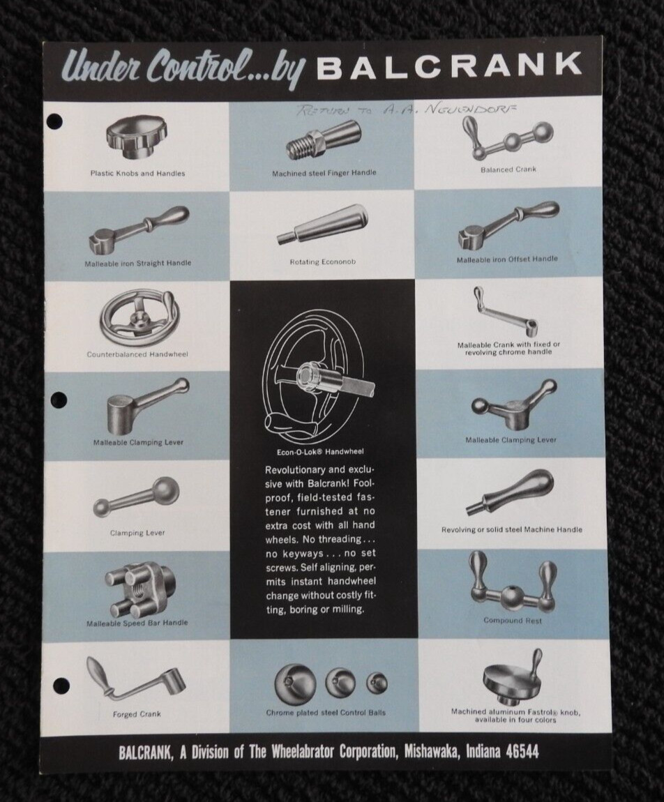 1973 Wheelabrator Corporation Machined Handles BalCrank Engineering Mishawaka IN