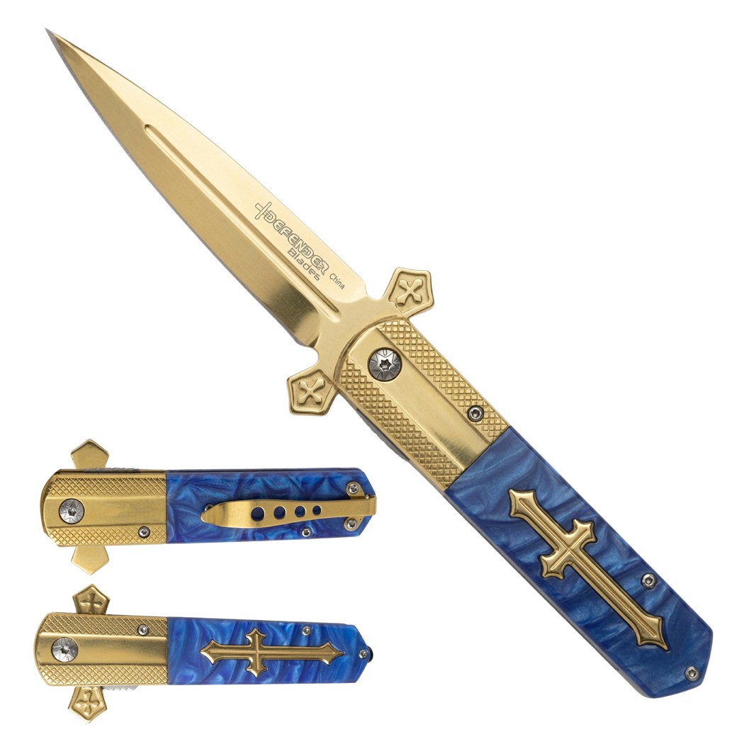 9"" Gold Blade Blue Poly Resin Handle w/ Cross Design Spring Assisted Folding K