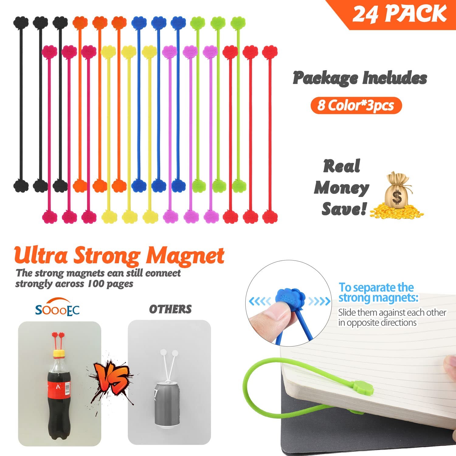 Magnetic Cable Ties, 24 Pack 7.2" Magnetic Cord Organizer Cute Cloud Design Ties