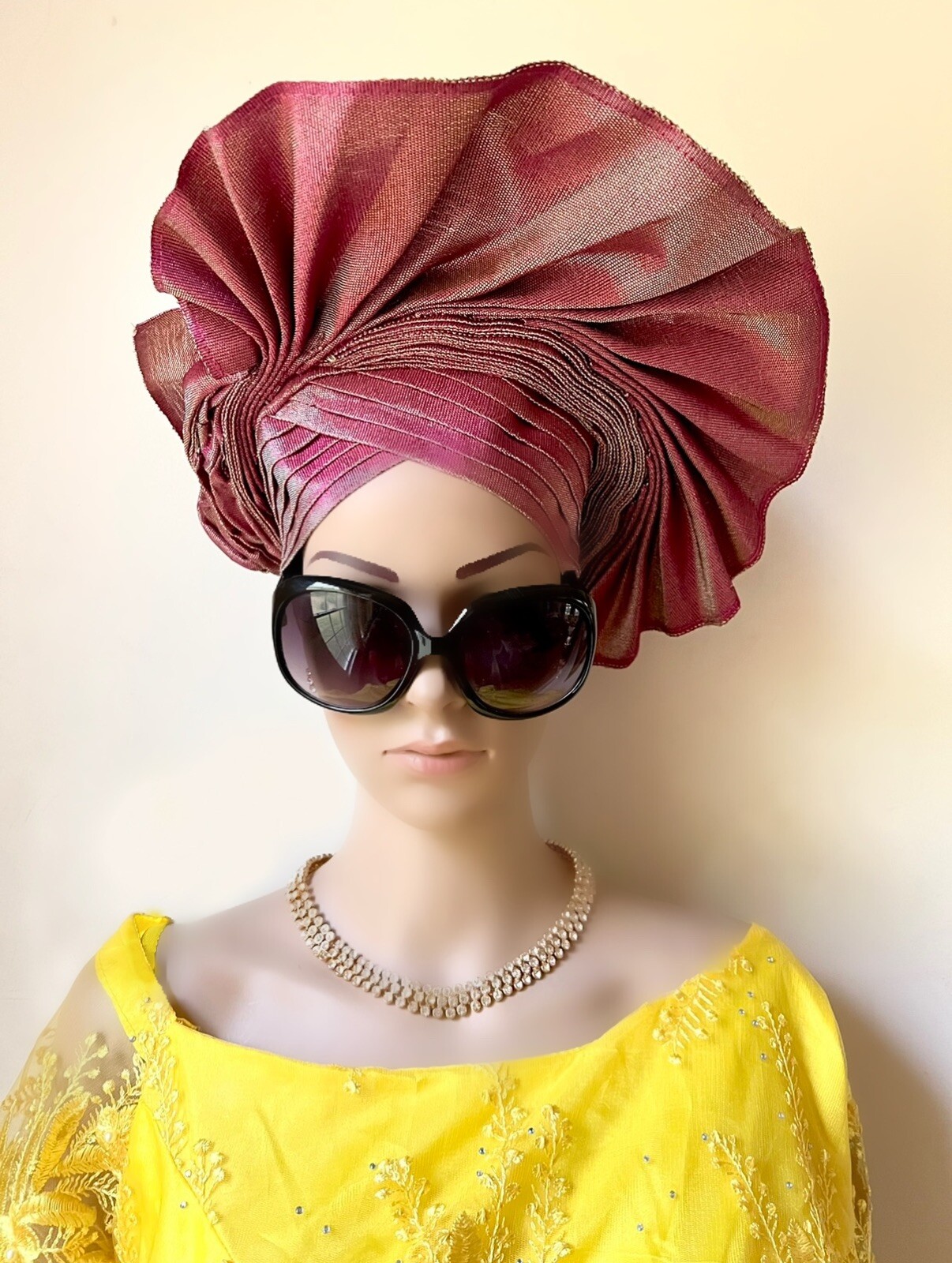 Burgundy Mercury Aso Oke Auto Gele Reflecting White, Red Auto Gele, Auto Gele
