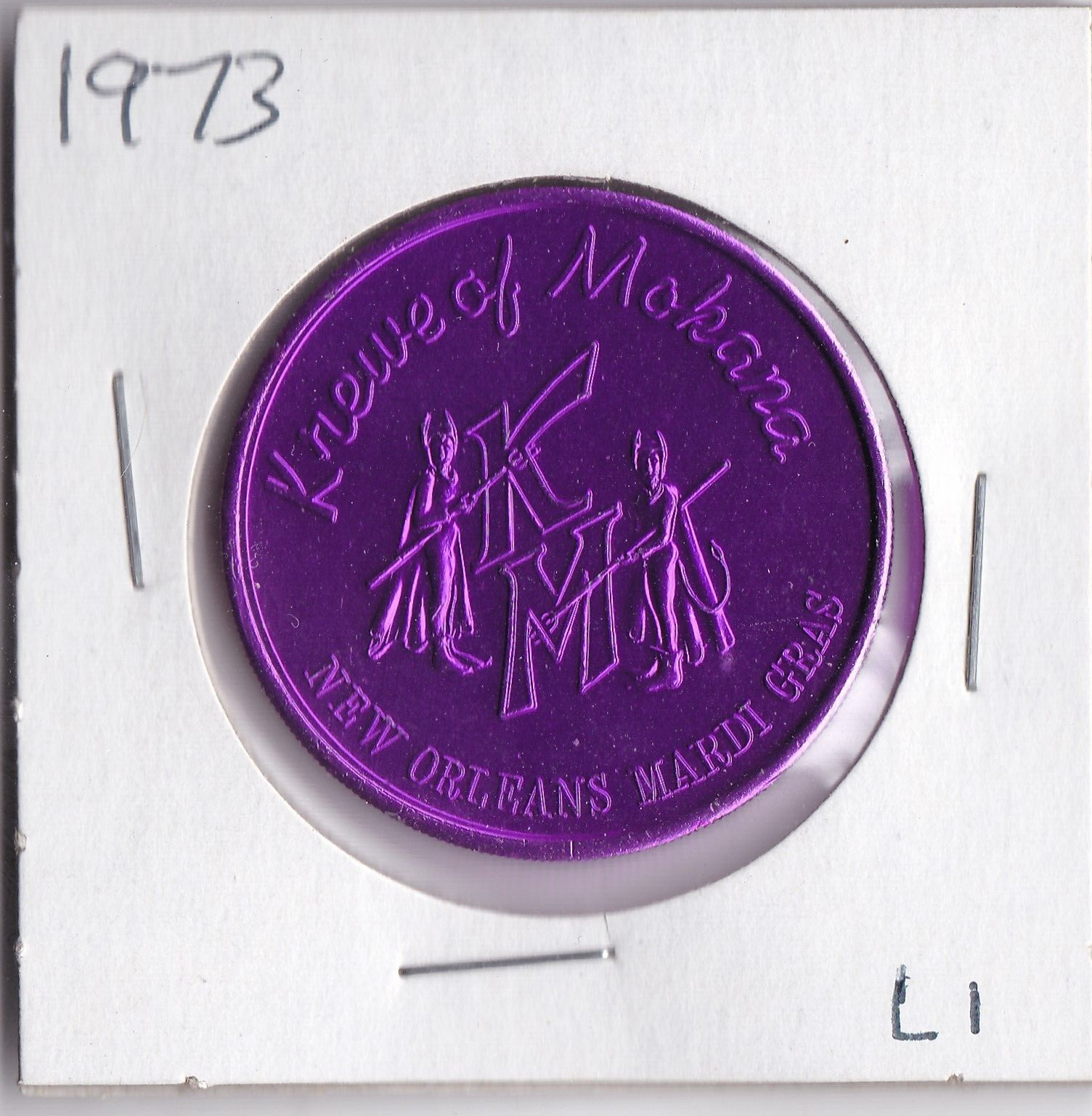 1973 Krewe of Mokana 10 GAUGE ALUMINUM  MARDI GRAS DOUBLOON (Purple L1)