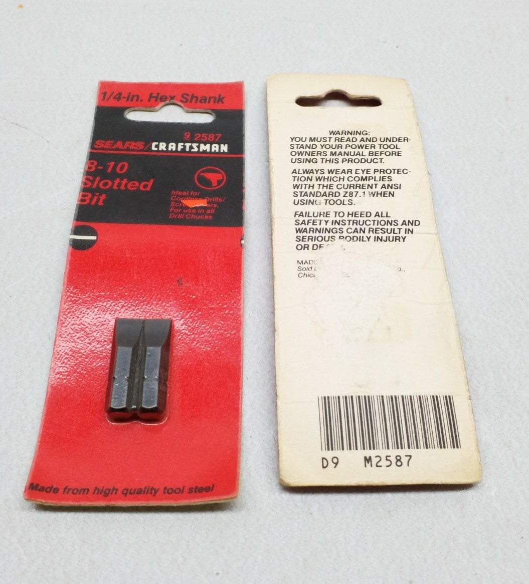 9 2587 Craftsman 8-10 Slotted Bit 1/4" Hex Shank Quantity 2 Packages Made In USA