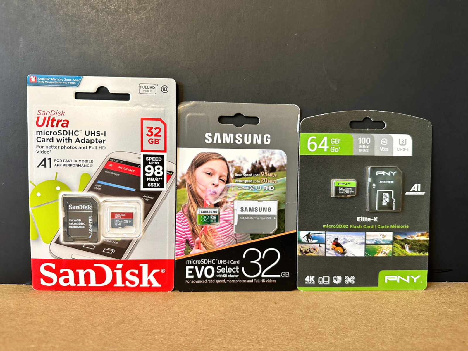 Lot of 3 - San Disk 32GB + Samsung MicroSDHC + PNY 64GB MicroSDXC w/ Adapters
