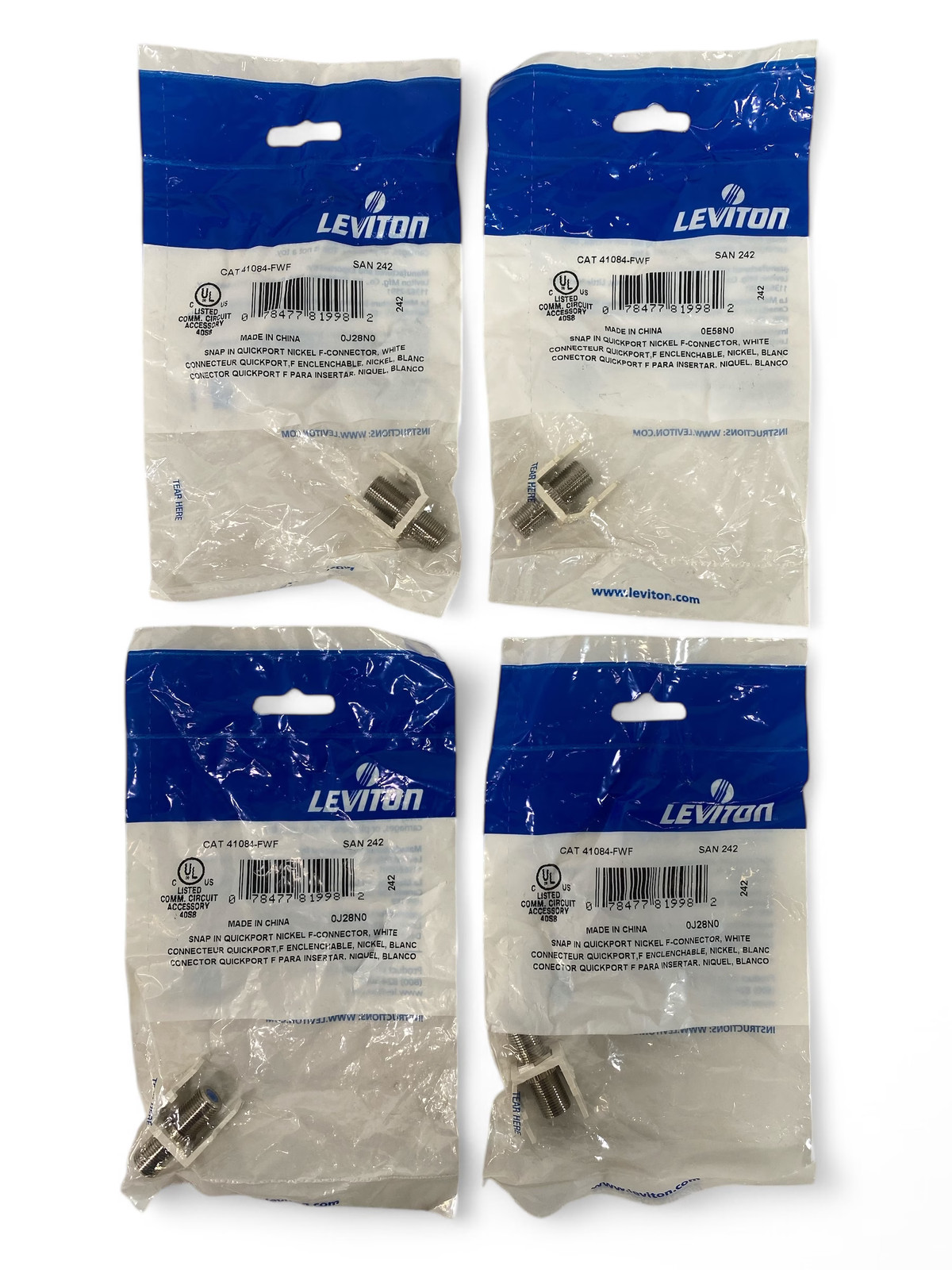 Leviton 41084-FWF Snap-In Quickport Nickel F-Connector - White **Lot of 4**