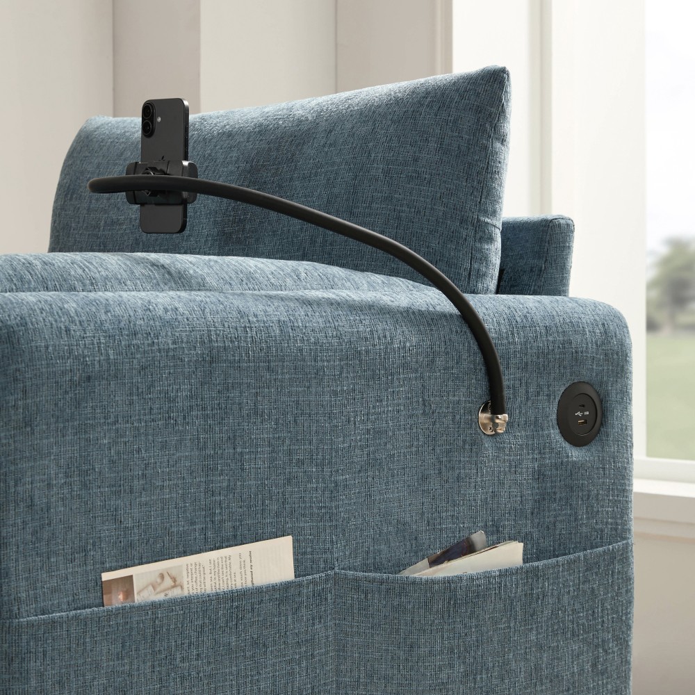 37" Cloud Chaise Sofa w/ Storage Ottoman, Charger & Phone Holder, Blue