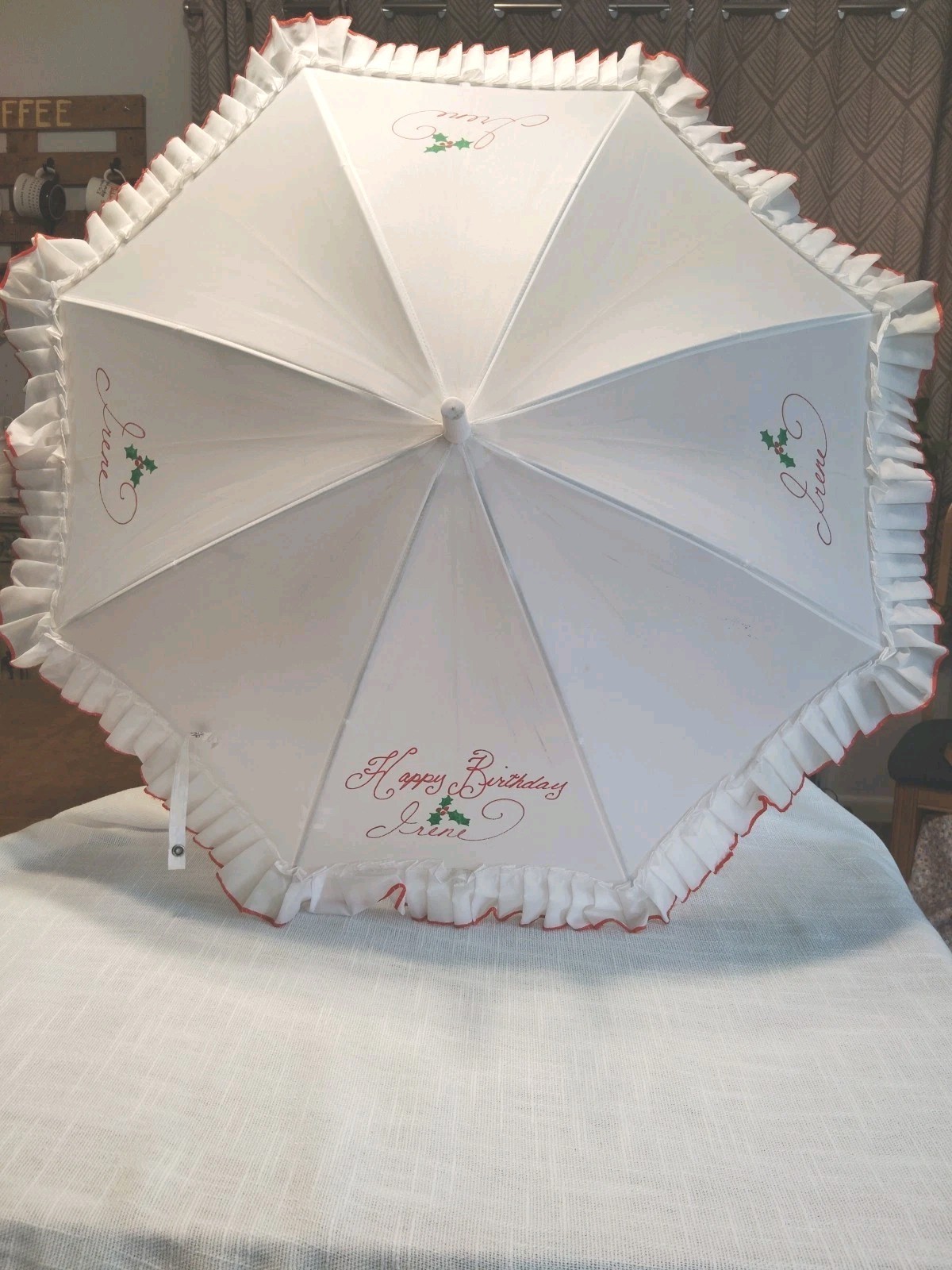 Vintage White Red Trim Umbrella  Personalized Happy Birthday To Irene Beautiful