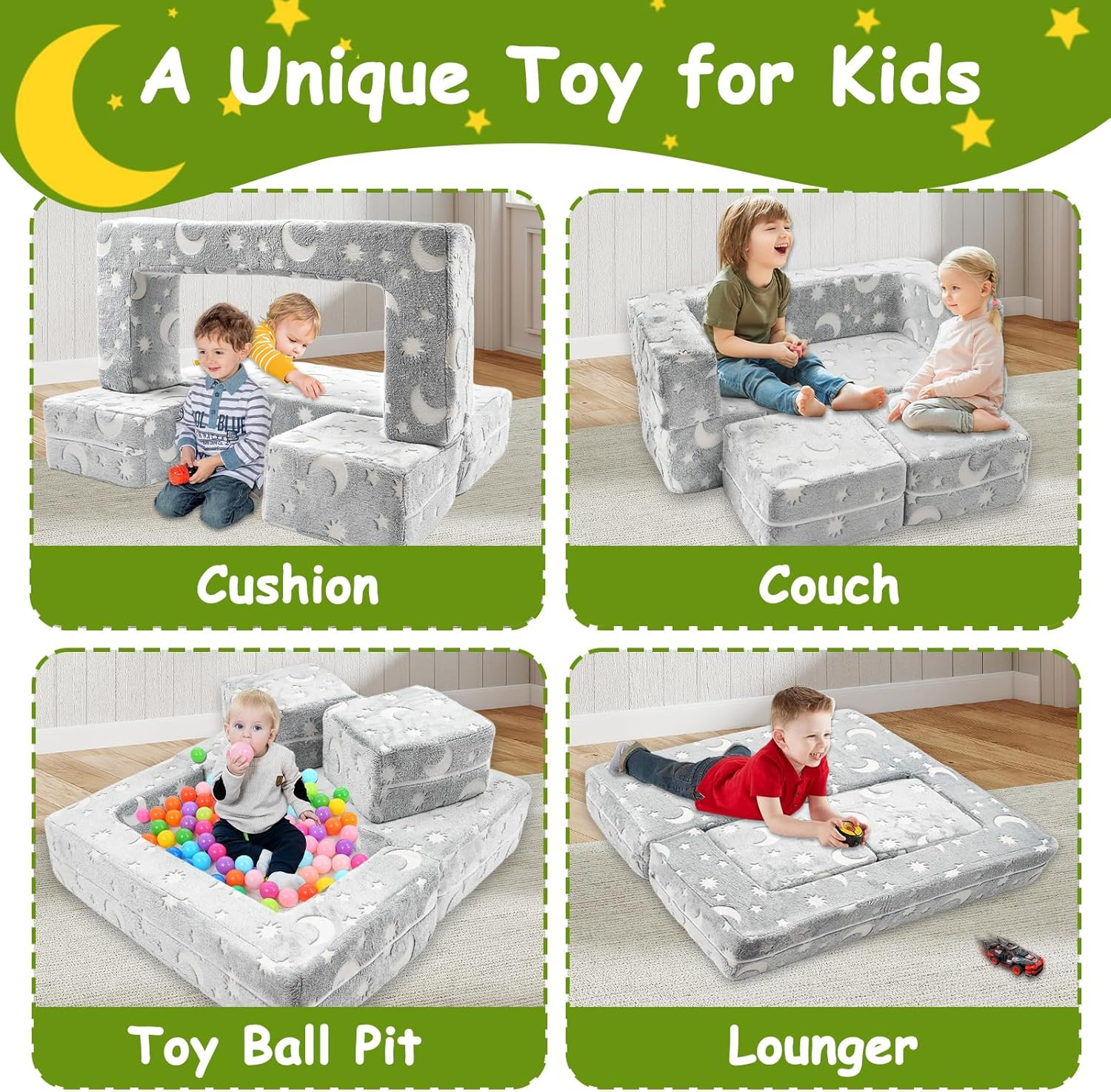 Kids Couch, 4Pcs Toddler Couch Sofa Bed, Glow-In-The-Dark Kids Chair Seat Playro