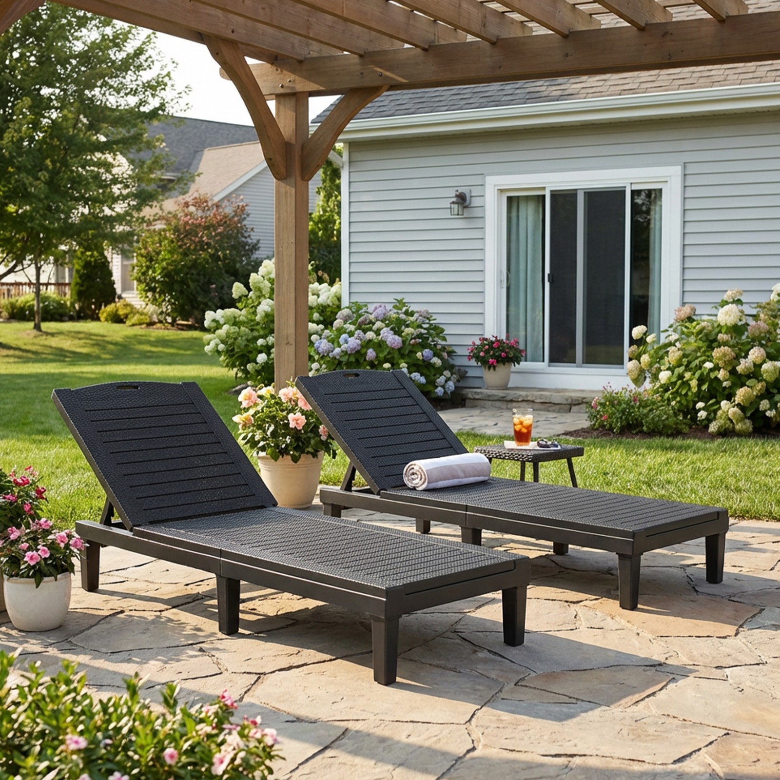 2PCS Lounge Chair Outdoor 5 Position Adjustable Pool Chaise Chair Patio Beach
