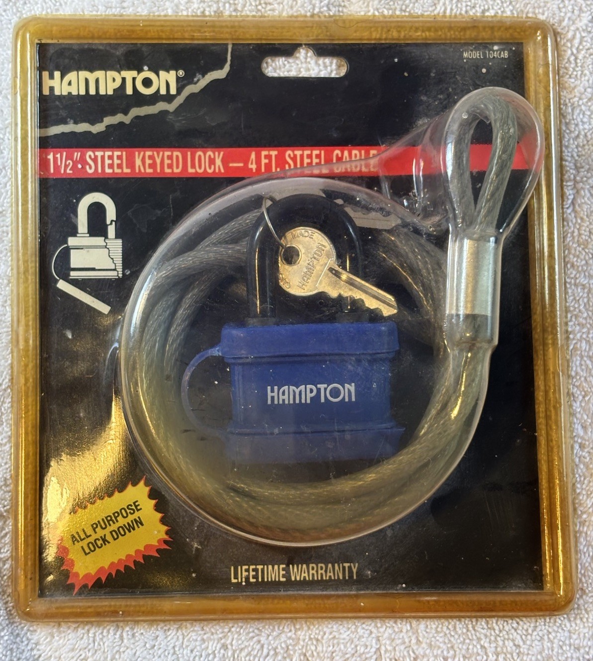 Hampton 1 1/2” Steel 4ft Cable Keyed Lock with Key NOS Vintage 1991