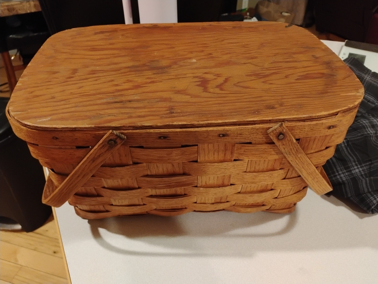 Vintage Picnic Basket Red Wooden Lid Spring Easter Decor Cottagecore Farmhouse