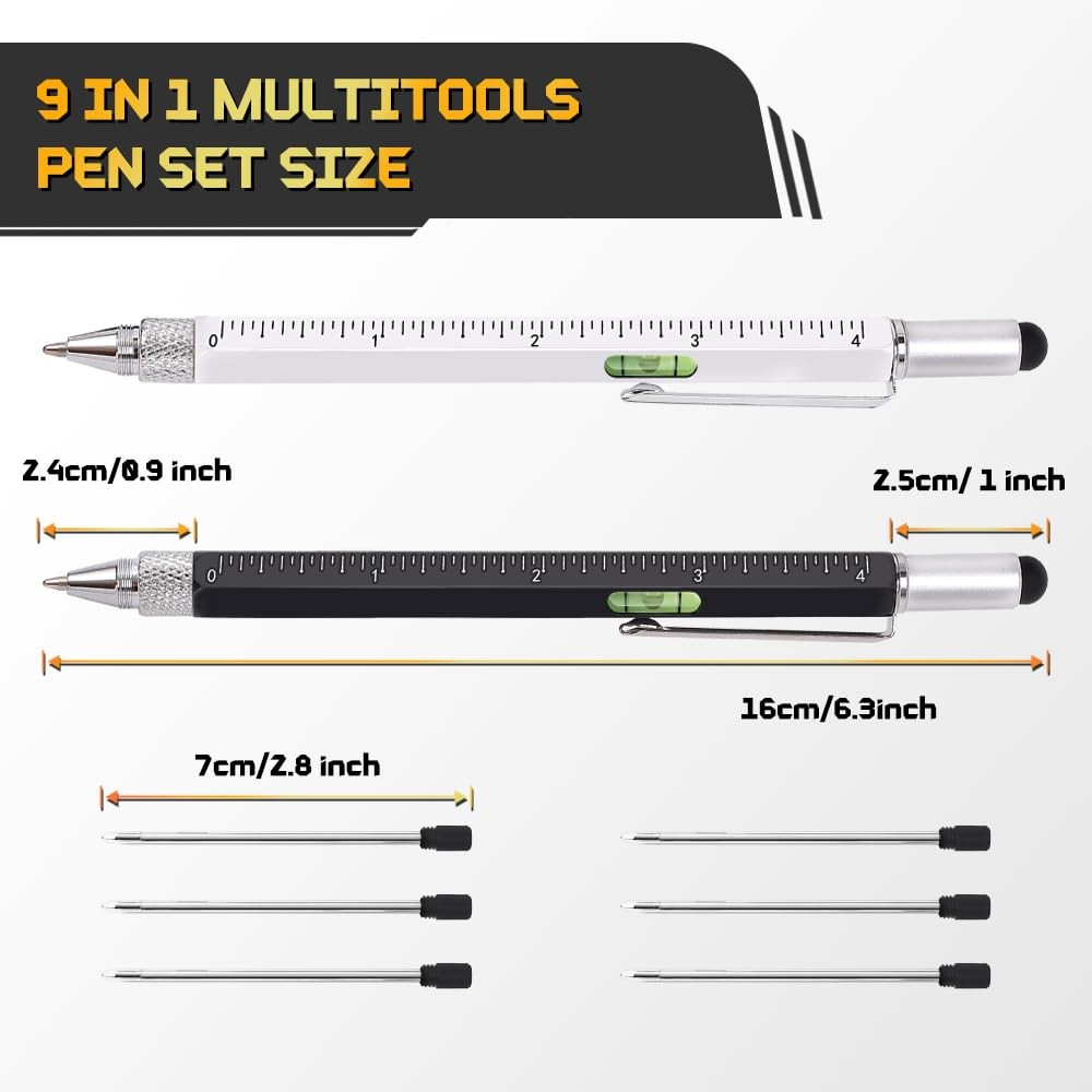 Stocking Stuffers for Men, 9 in 1 Metal Multitool Pen 2Pcs Black and White