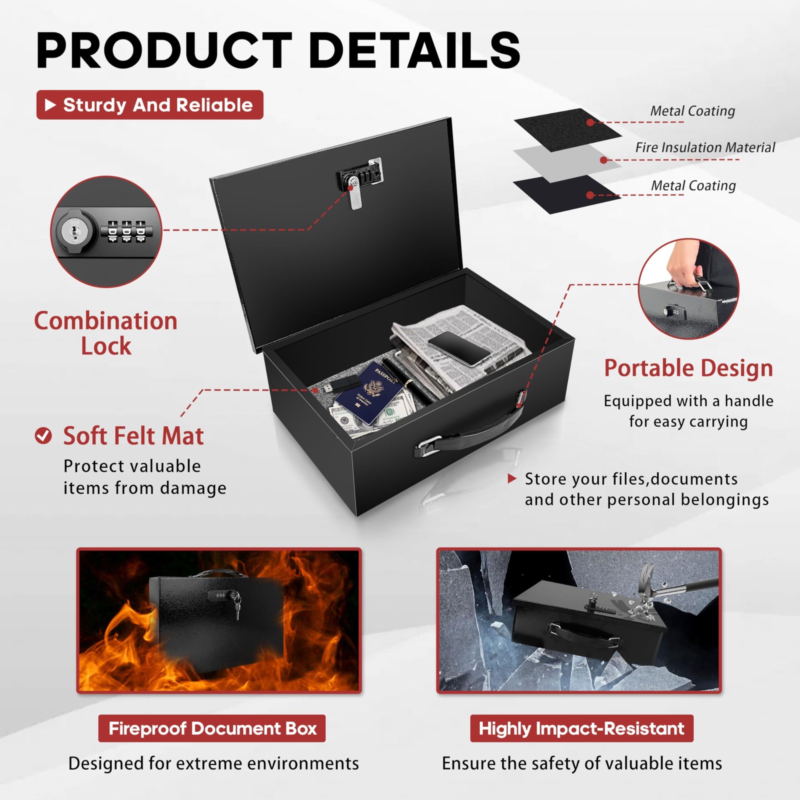 Fireproof Document Safe Box Key Combination Lock Heavy Duty Waterproof Secure St