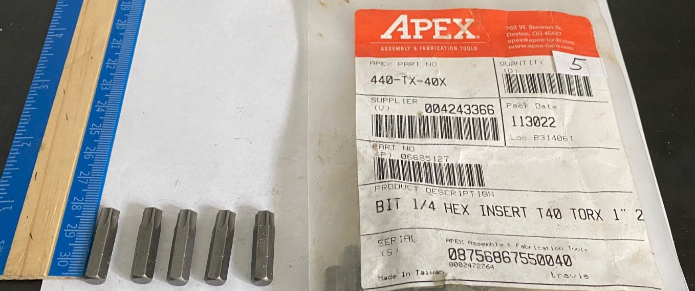 Apex Tool  440-TX-40X   Bit 1/4 Hex Insert T40 TORX  1" 2 - 5 Pack - NEW