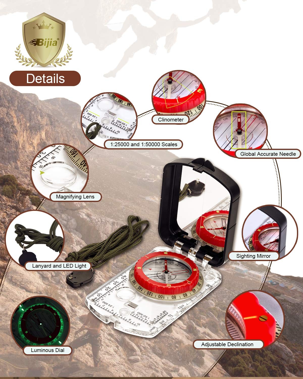 BIJIA Orienteering Map Compass -Sighting Mirror Compass with Adjustable Decli...