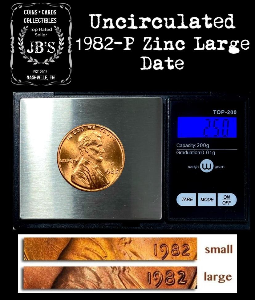 1982-P Lincoln Memorial Cent Penny 1c - ZINC LARGE DATE - BRILLIANT UNCIRCULATED