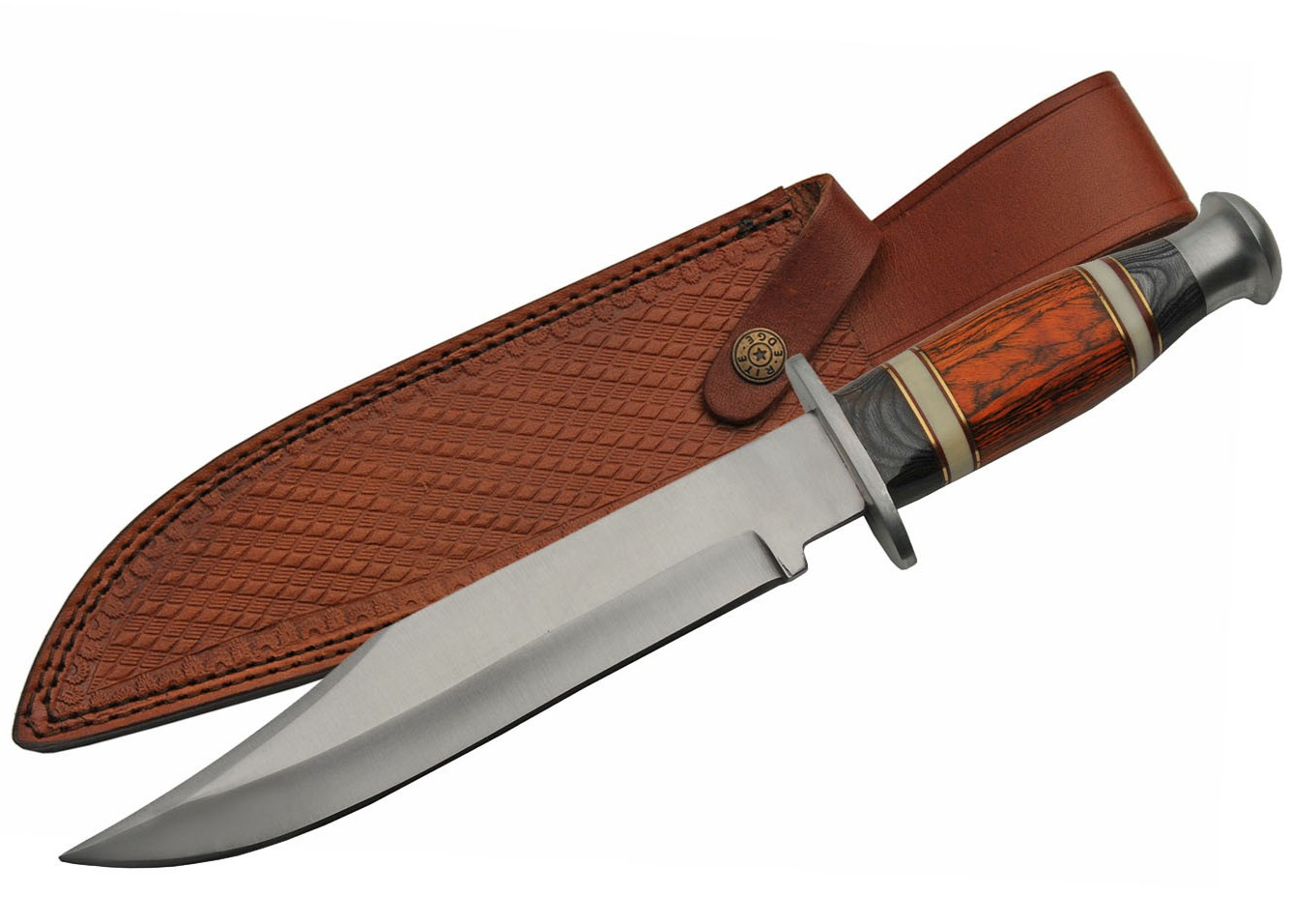 Bowie Knife | 14" Hunter Blade Wood Handle w/ Bone Spacers + Leather Sheath