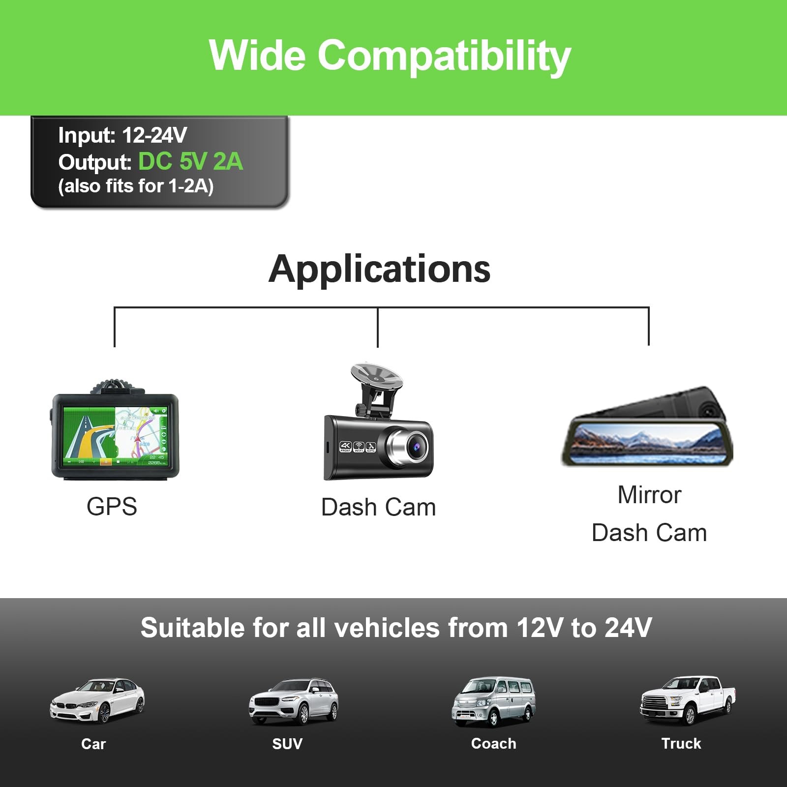 Range Tour Dash Camera Car Charger, Mini USB and 2A-I-Mini/Micro USB, Black