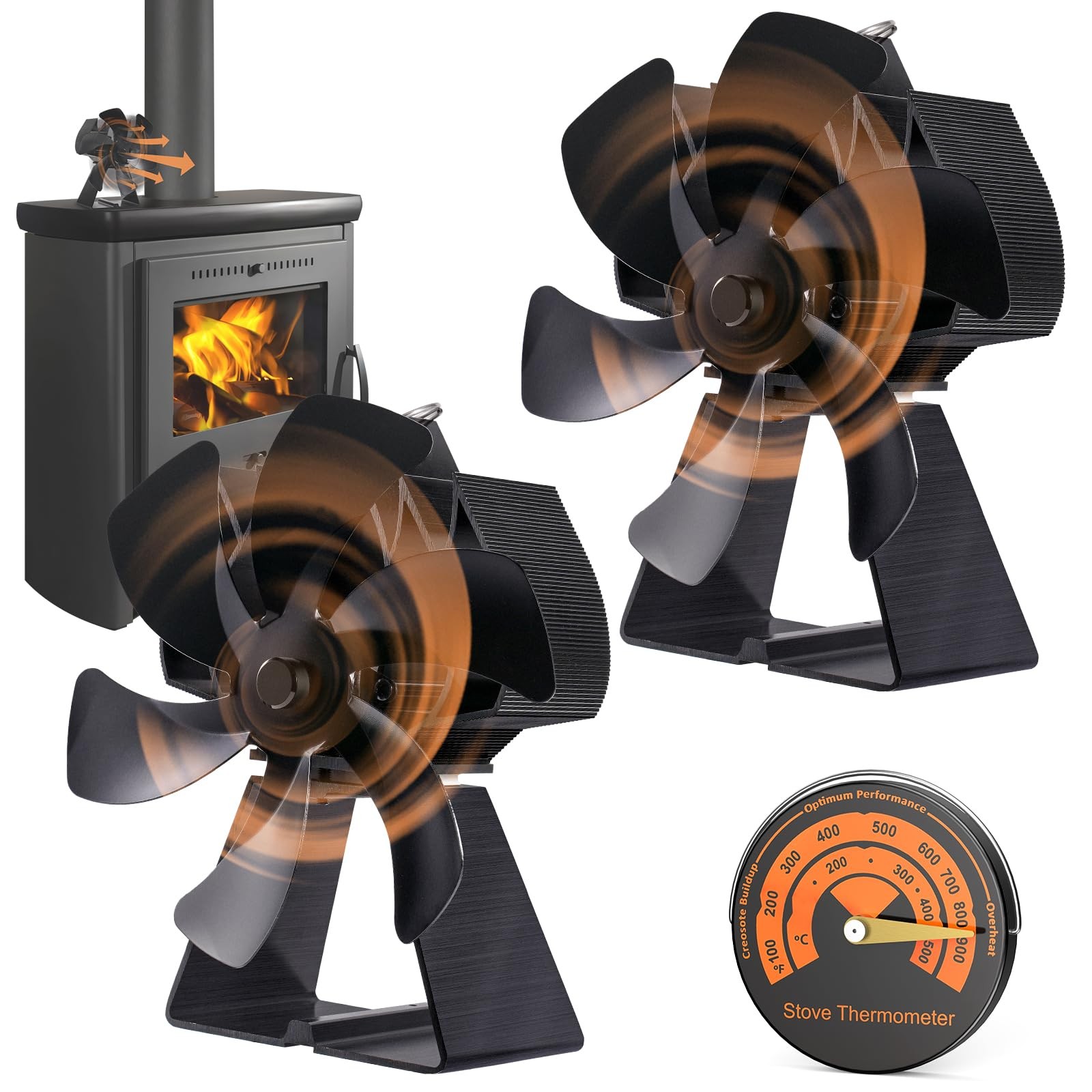 Flanagan 2 PCS Fireplace Fans, 6 Blades Stove Fan,7in Log 6 Blades, black