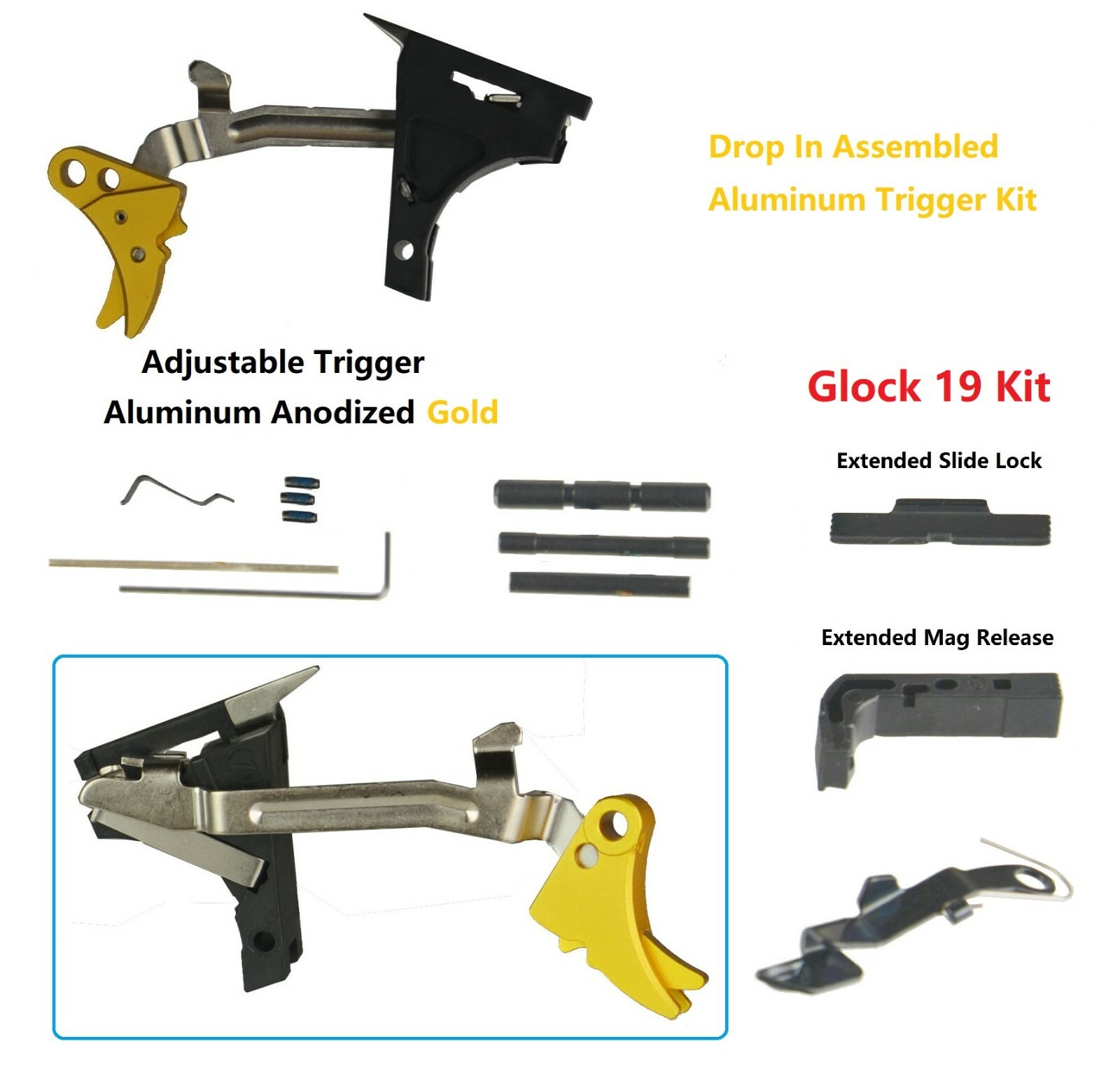 Lower Part Kit  Al Gold Adj Trigger,Extended Release & Slide Lock Fits Glock 19