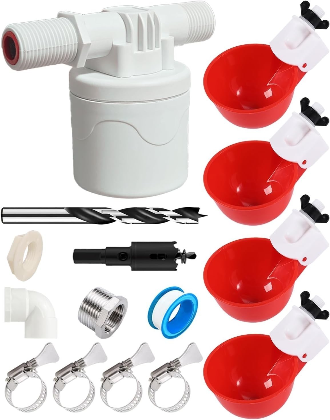 DIY Automatic Chicken Waterer Kit 4 Chicken Water Cups Float Valve Drill Bit