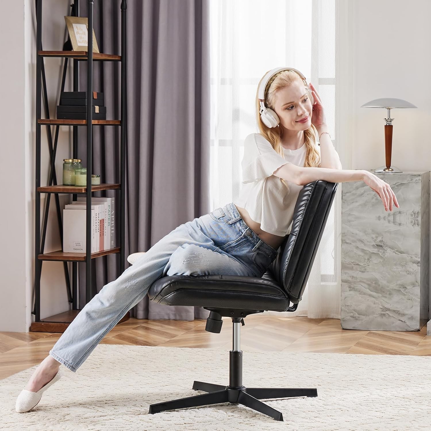 Armless Criss Cross Office Chair Wide PU Leather Swivel Black No Wheels