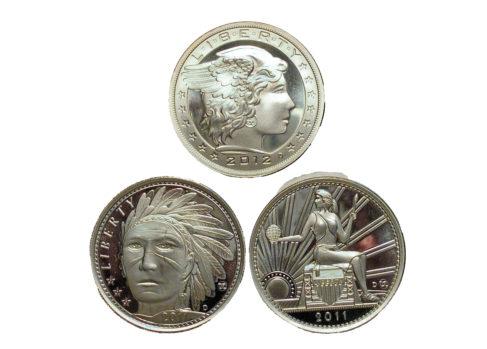 Lot of Three - Daniel Carr - 2011 & 2012 20 Ameros, 1 Troy Oz.999 Fine Silver