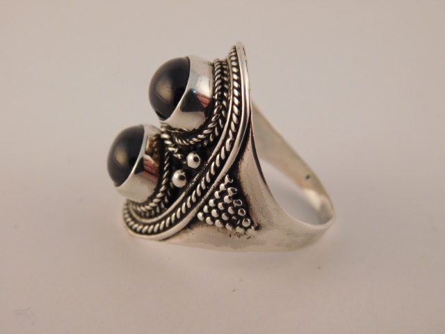 ONYX STERLING DOUBLE CABOCHON BEADED RING SZ 9.25 SILVER 925