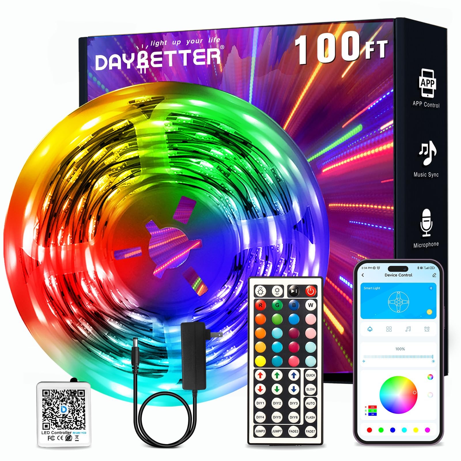 DAYBETTER LED Strip Lights 100ft, Smart Lighting with App 100FT, Multicolor