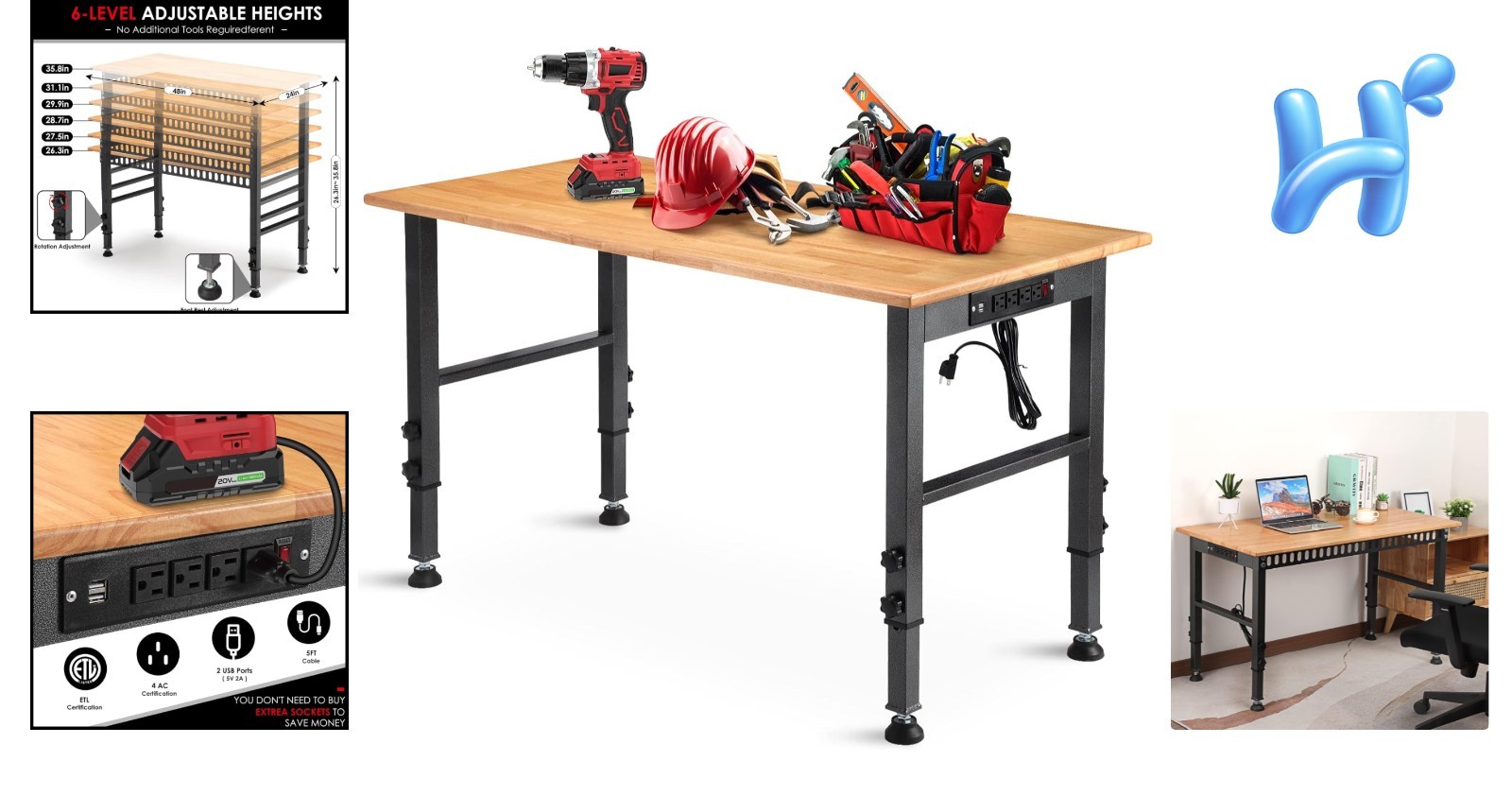 48" Rubberwood Workbench - Adjustable Height & 2000 LBS Load Strength
