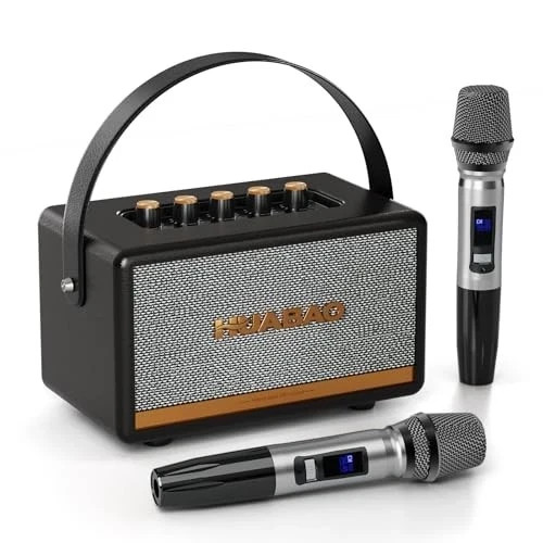 Retro Karaoke Machine with 2 Rechargeable Microphones, Wireless Loud Bass Black