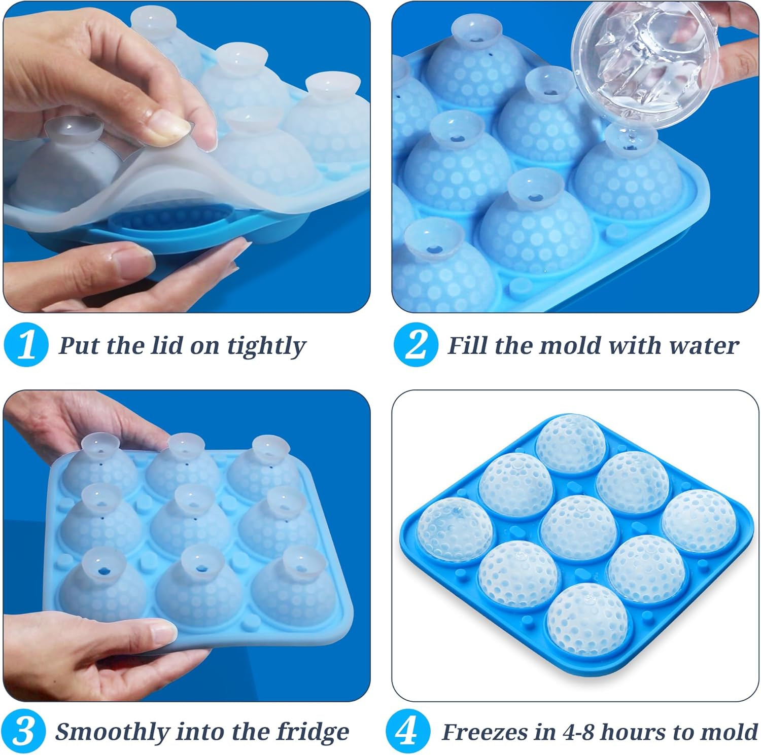 2" Golf Ball Ice Cube Silicone Mold with Lid, 9-Cavity for Drinks